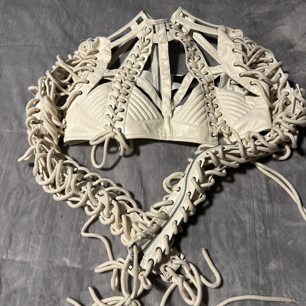 Dolls Kill Cream Lace-Up Crop Top
